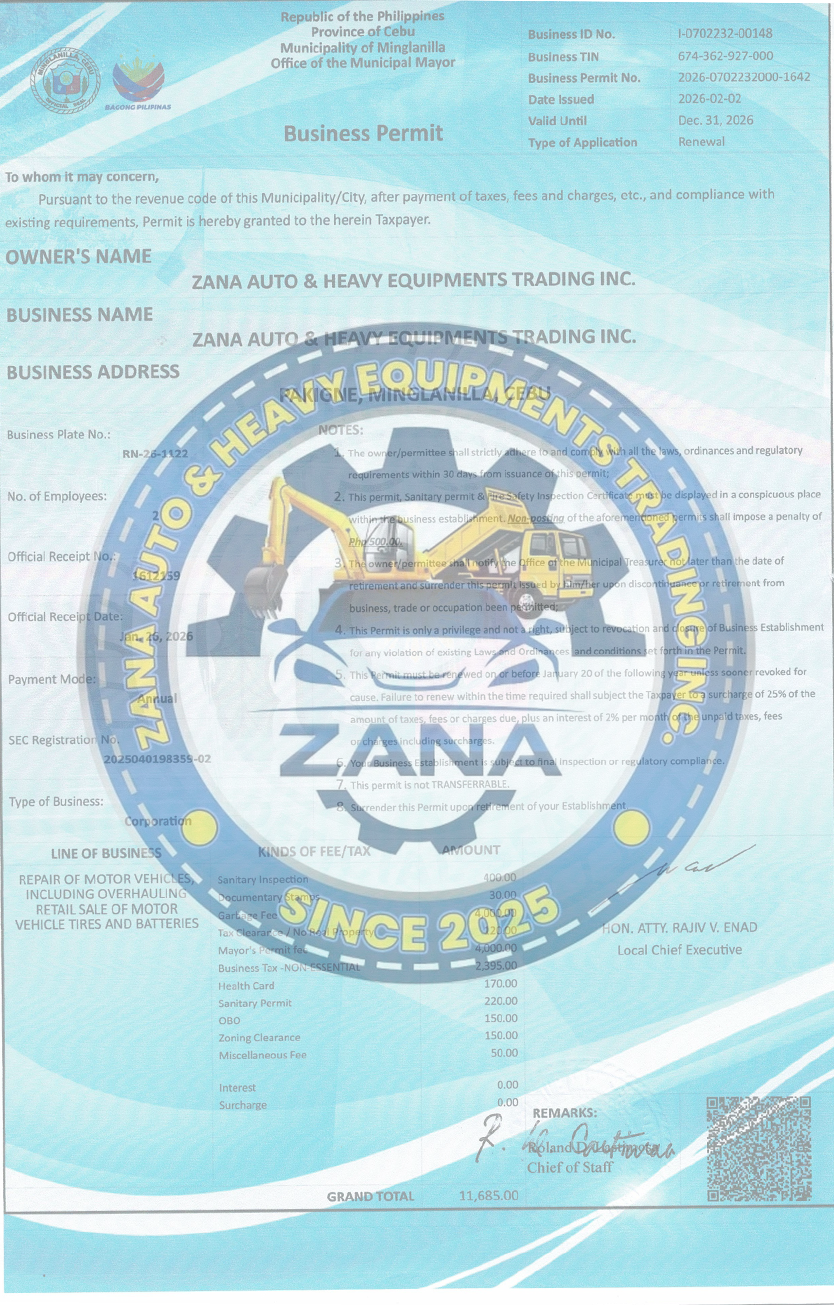 Zana Auto and Heavy Equipment Business Permit